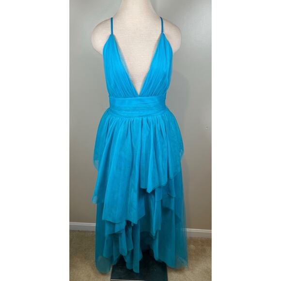 Alice + Olivia Doja V Neck Tulle High Low Tiered Blue Maxi Gown Size 8 - Picture 5 of 16